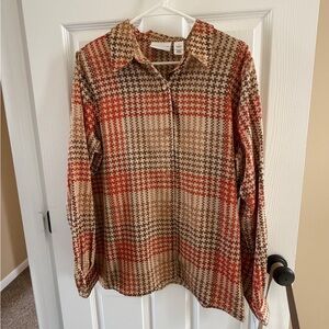 NWT Alfred Dunner Women's Plaid Button Down Top in Red and Brown